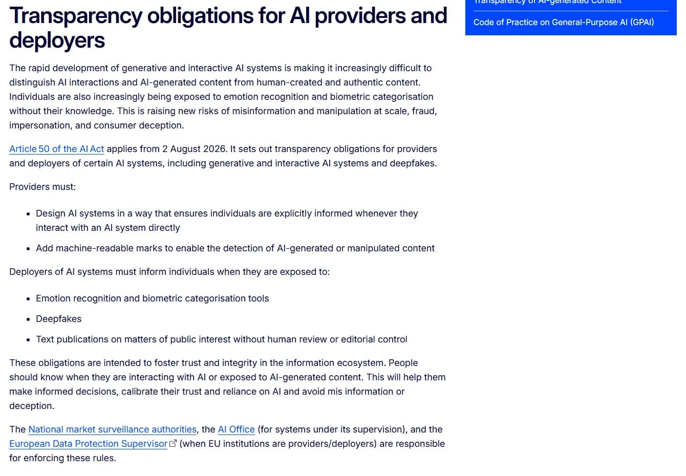 The European Commission's page on Article 50 transparency obligations, stating that the article applies from 2 August 2026 and listing what providers and deployers of AI systems must do