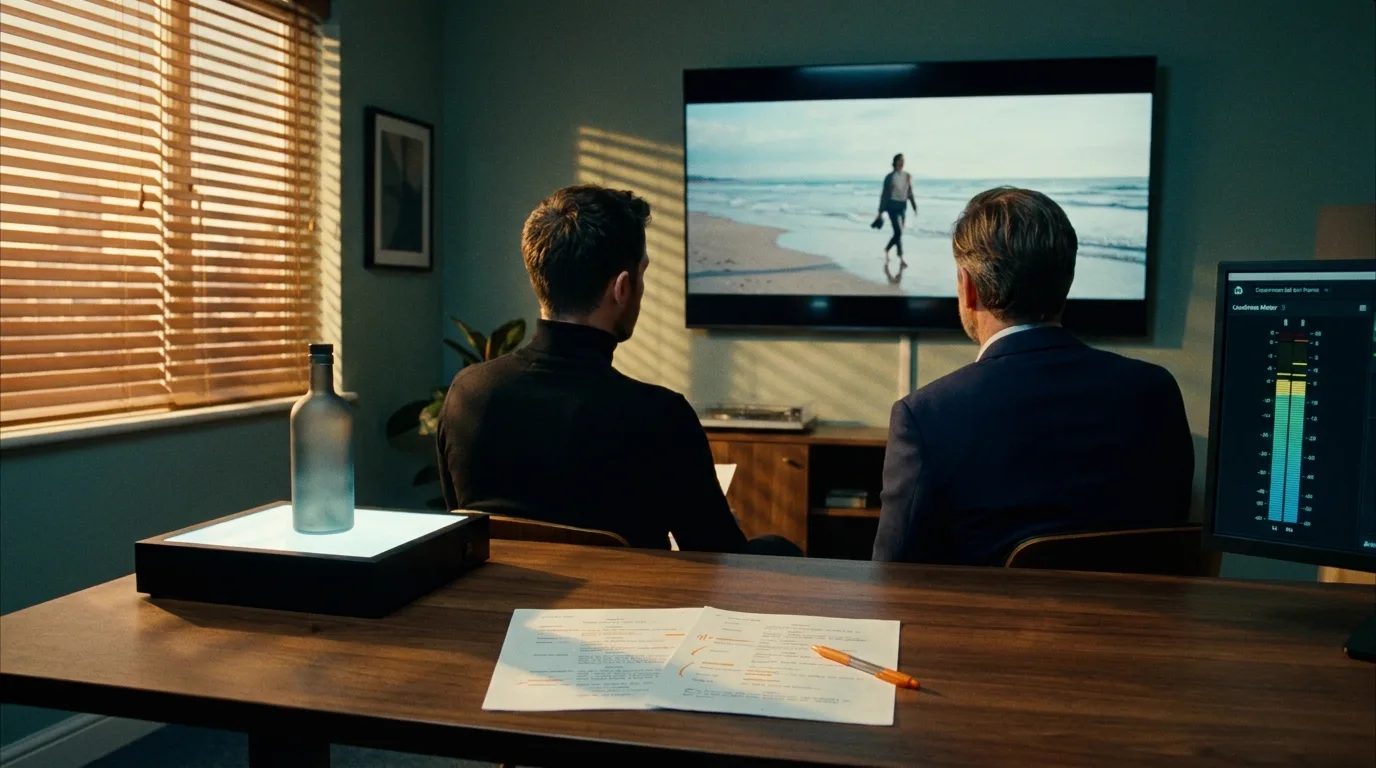 A client review in an advertising agency edit suite at golden hour, a creative director and a client at a long walnut desk facing a wall monitor frozen on the last frame of a 30-second spot, an unlabeled bottle on a tabletop lightbox and a marked-up two-column script, cinematic still