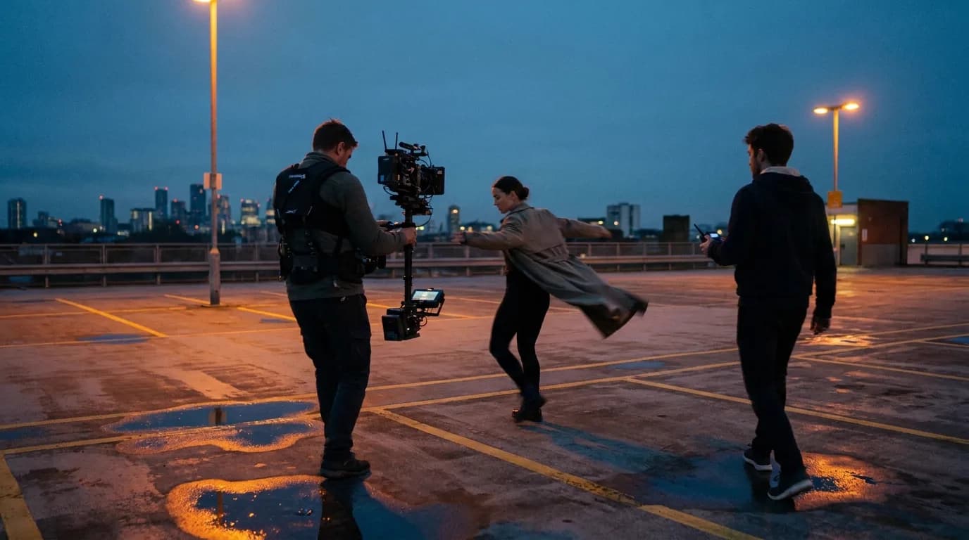 A Steadicam operator circles a dancer spinning on the top deck of an empty car park at dusk while a focus puller follows with a wireless handset under orange sodium lamps, cinematic still