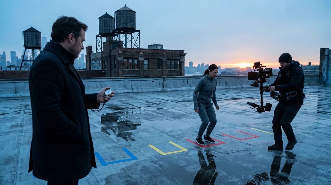A director holding a stopwatch on a wet city rooftop at dawn while a stunt performer lands on a row of colored tape marks and a camera operator tracks her on a gimbal, cinematic still