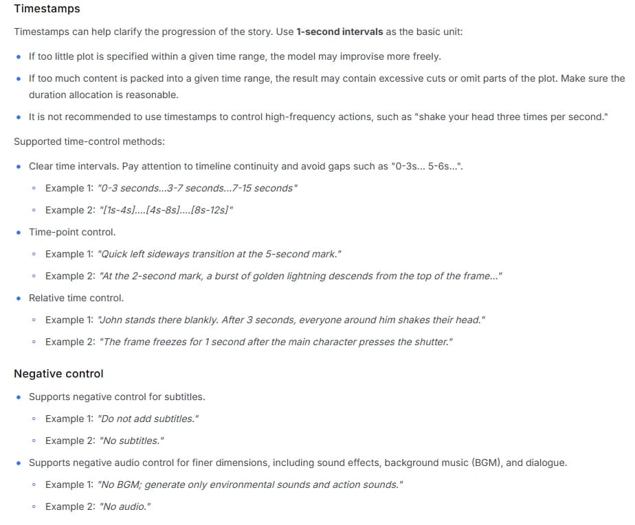 The Timestamps and Negative control sections of the Seedance 2.5 prompt guide, showing interval, time-point and relative time formats and the supported negatives for subtitles and audio