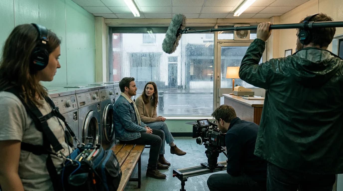 A boom operator holds a microphone over two actors on a laundromat bench on a rainy afternoon while a sound mixer listens on headphones and a camera operator crouches behind a slider, cinematic still