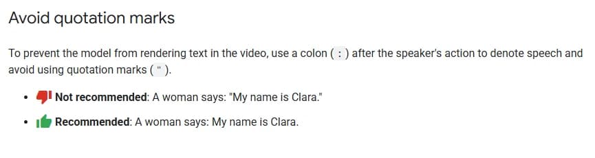 The Avoid quotation marks section of Google's Vertex AI best practices for Veo, recommending a colon after the speaker's action instead of quotation marks to stop the model rendering text in the video