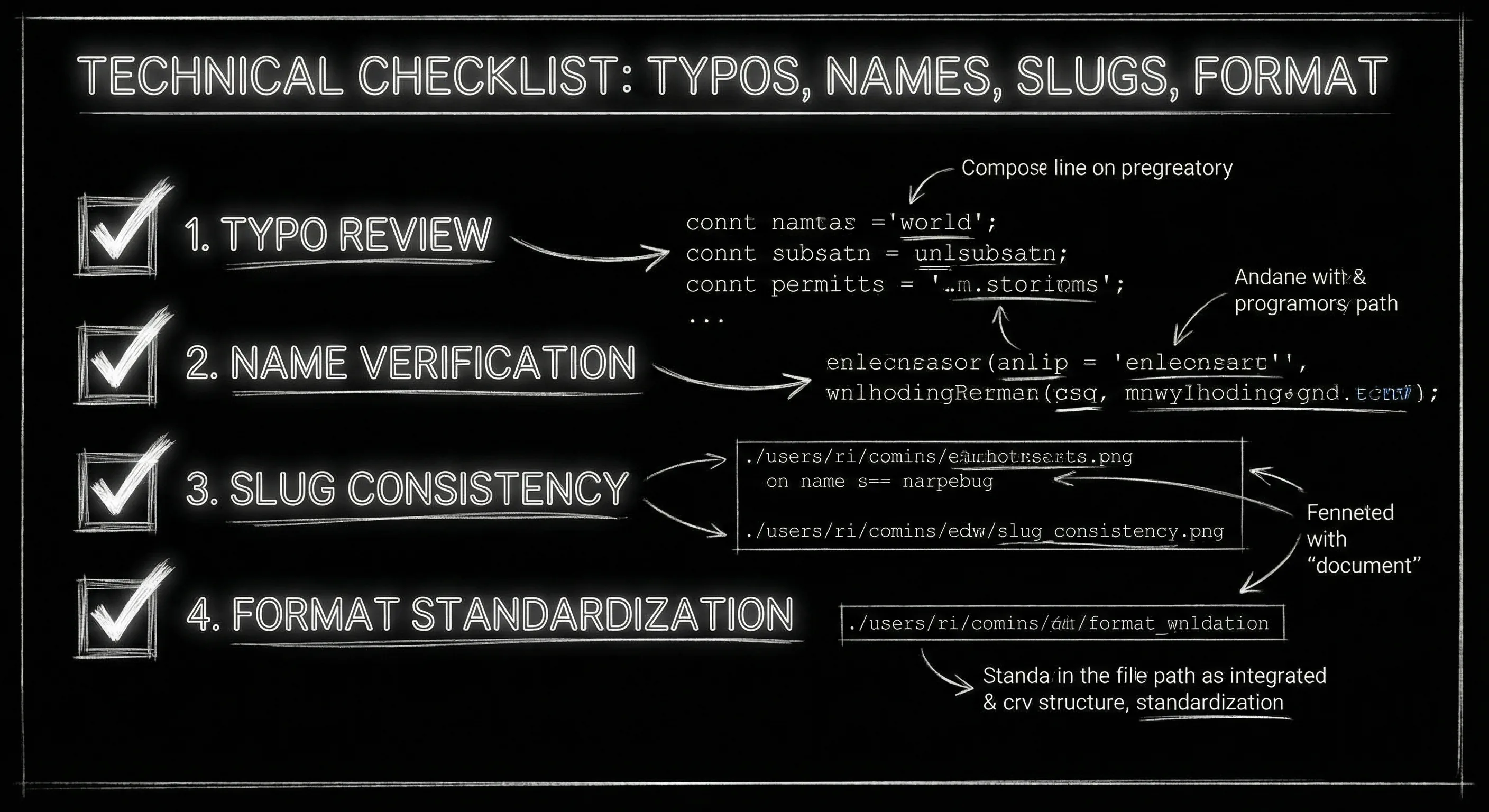 Prompt: Dark Mode Technical Sketch, checklist: typos, names, slugs, format; clean white lines on black --ar 16:9