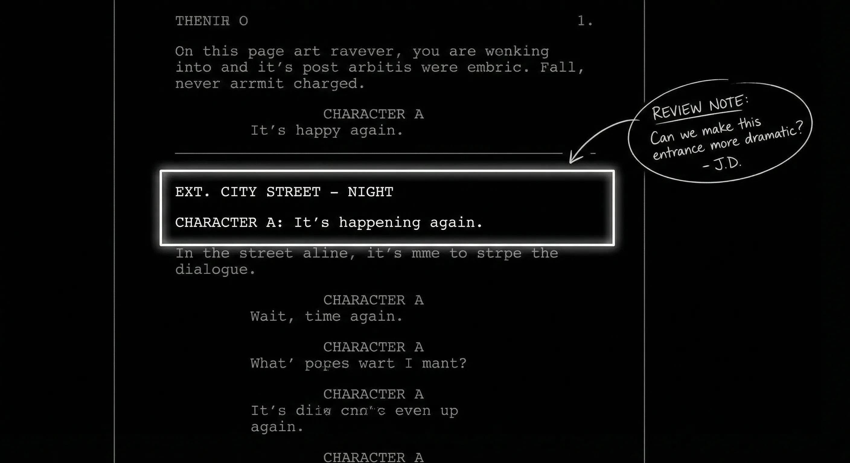 Prompt: Dark Mode Technical Sketch, script page with one line highlighted and "Review" note; clean thin white lines on black --ar 16:9