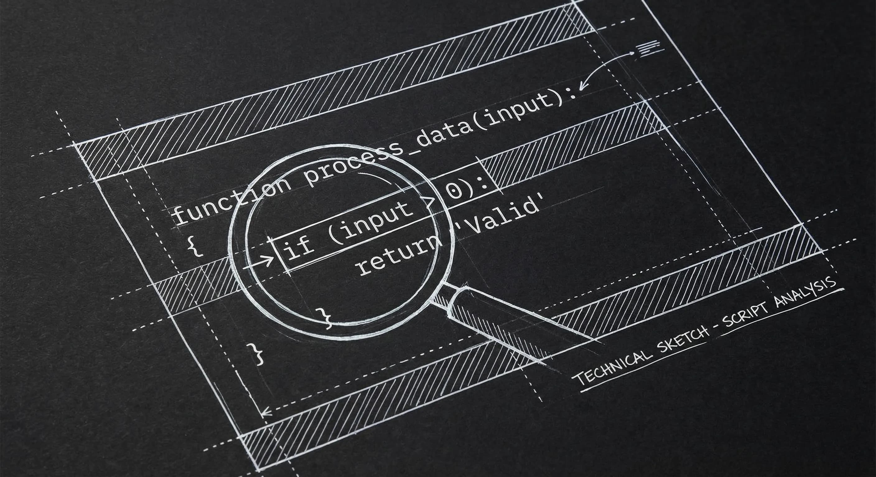 Script page with magnifying glass on a line; dark mode technical sketch