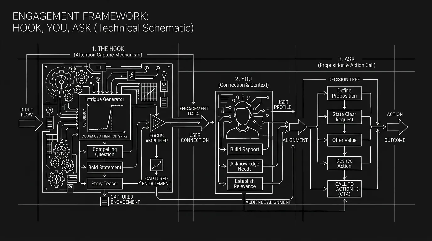 Query structure: hook, you, ask; dark mode technical sketch