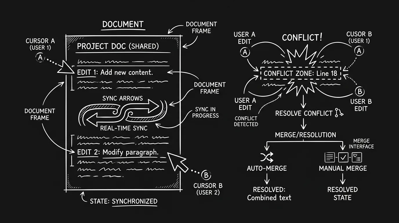 Dark mode technical sketch: two cursors on same document; sync; thin white lines on black