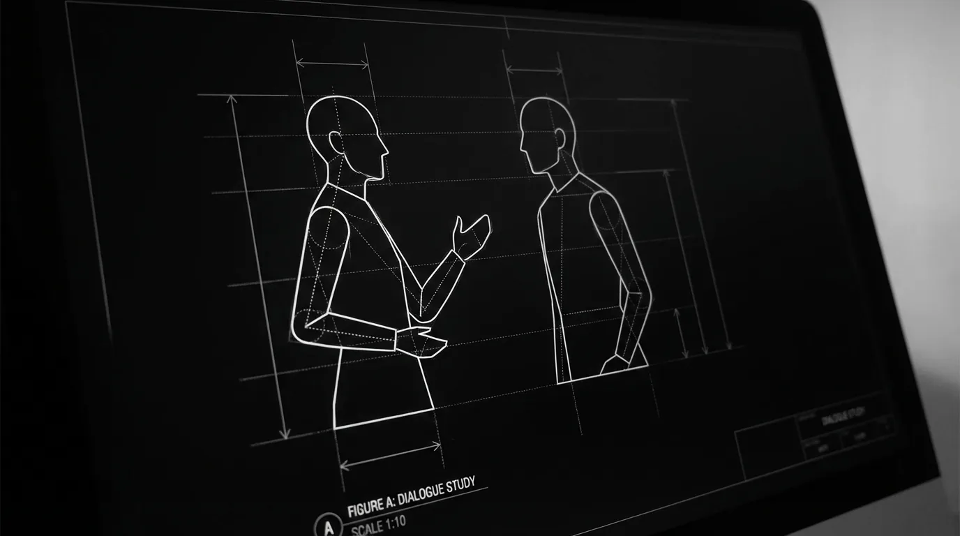 Two figures in conversation; one with own gesture; dark mode technical sketch