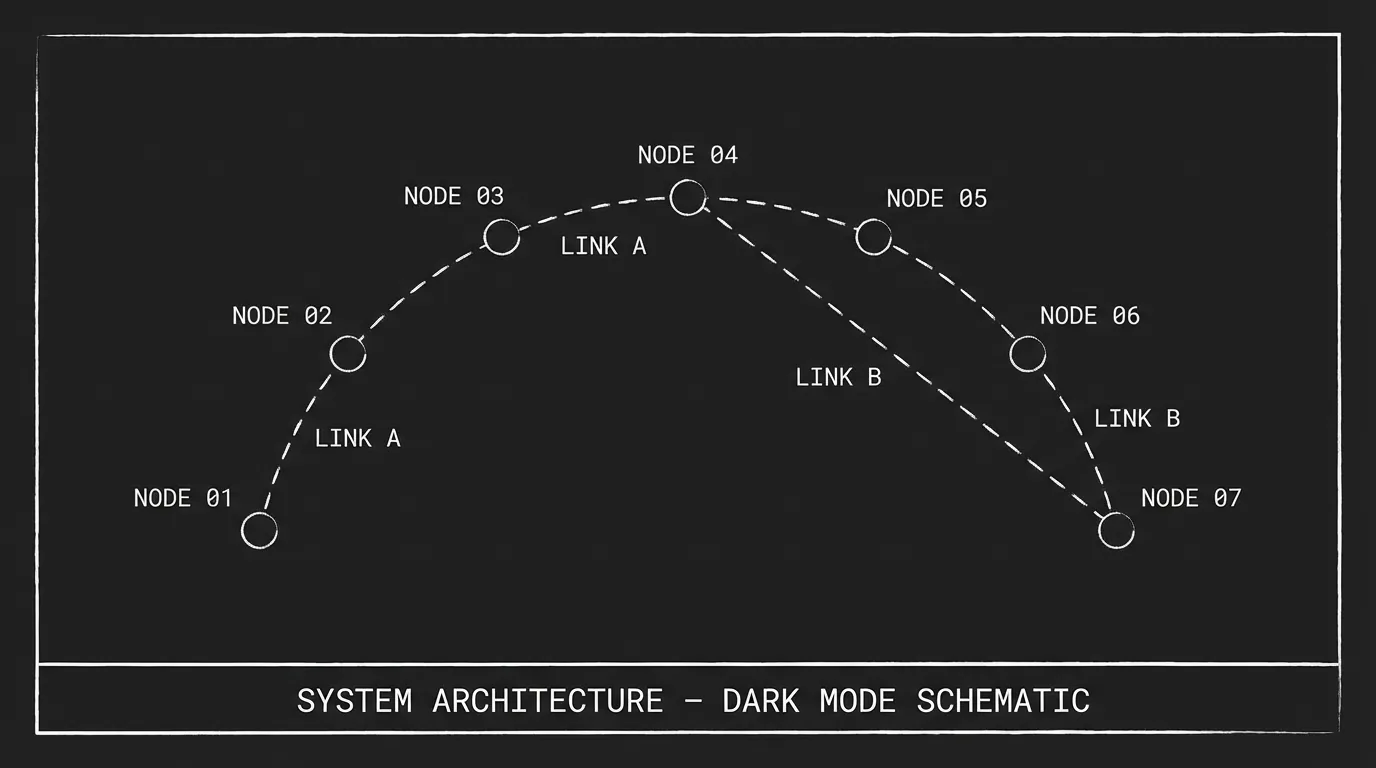 Seven nodes on a curve; dark mode technical sketch