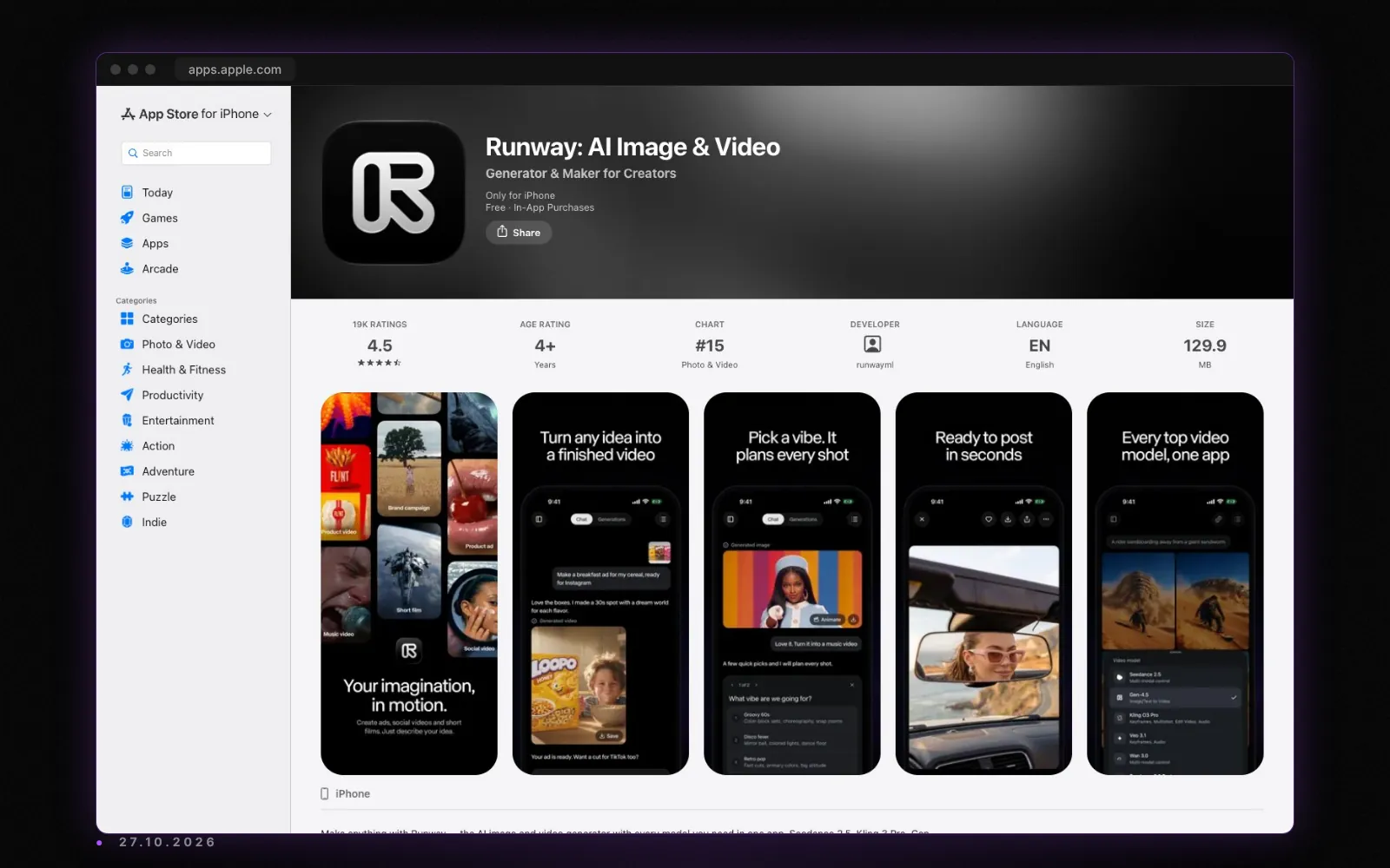 Der Eintrag von Runway im US-App-Store mit Bewertung, Aufnahme vom 27. Oktober 2026