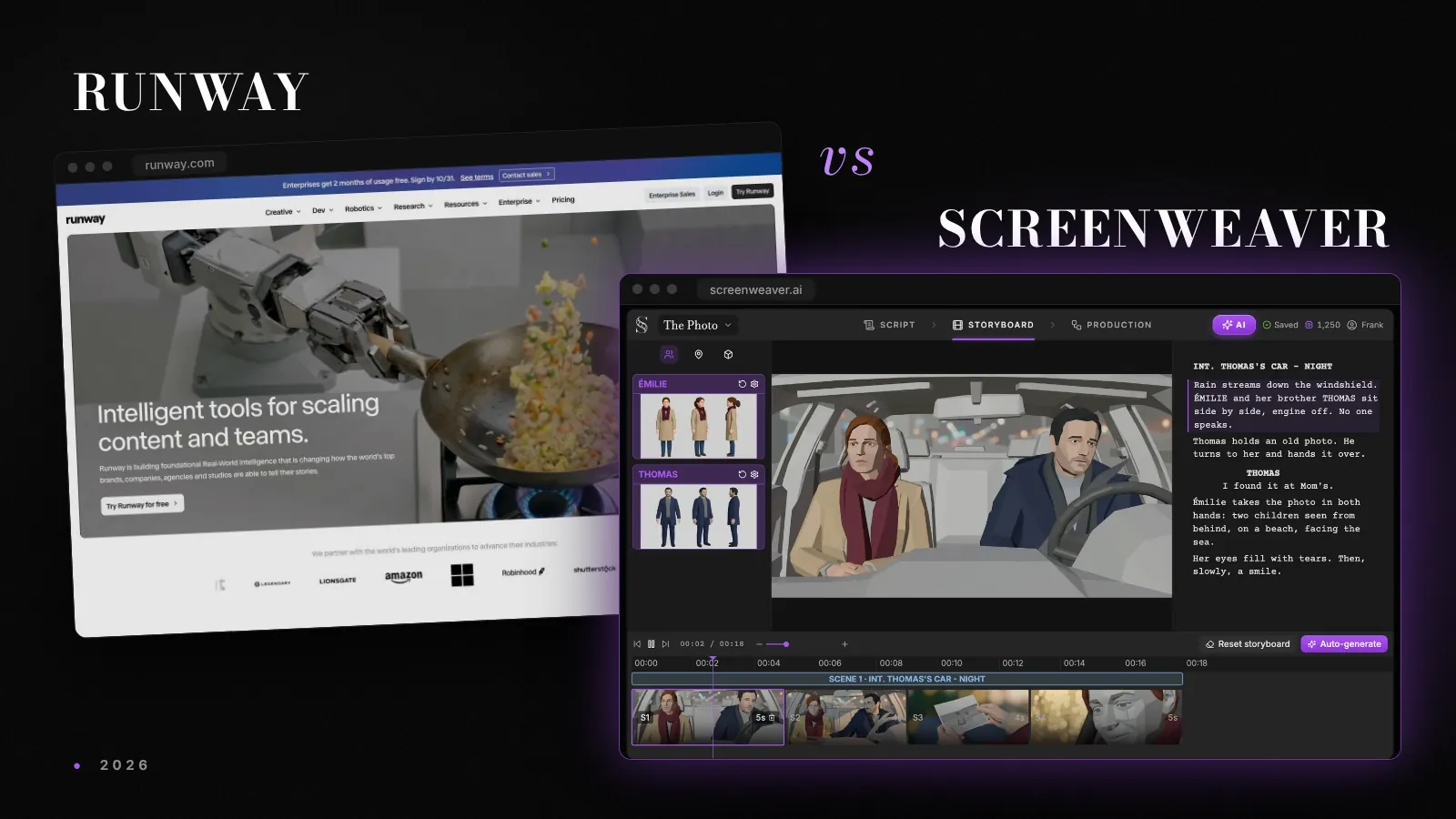 Die Website von Runway neben dem Storyboard-Editor von ScreenWeaver, auf dunklem Hintergrund mit violettem Schimmer