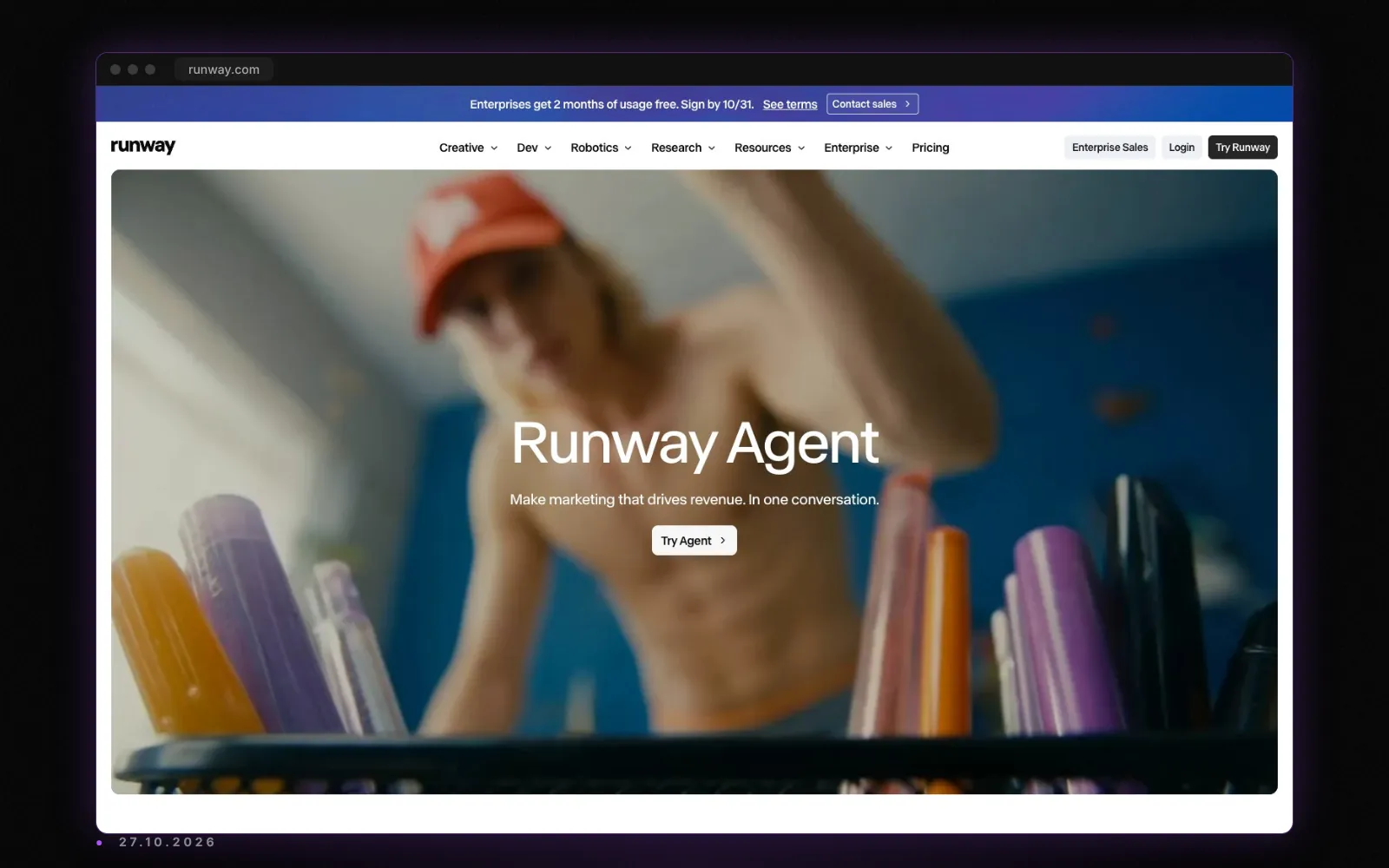 Eine Produktseite von Runway, Aufnahme vom 27. Oktober 2026