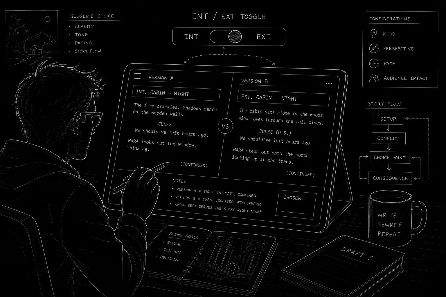Dark mode technical sketch: writer comparing two slugline versions on tablet, INT/EXT toggle highlighted, thin white lines on black