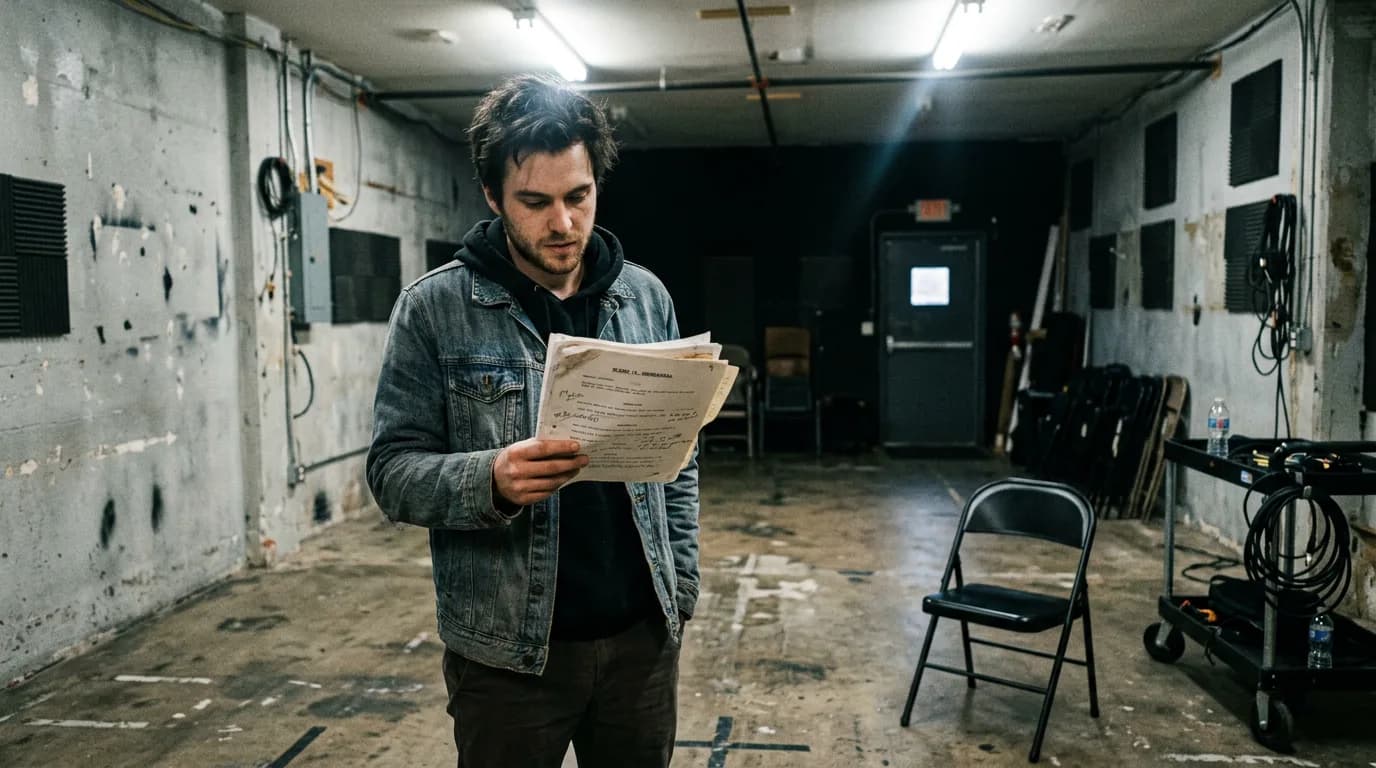 Actor in rehearsal with script; cinematic film still
