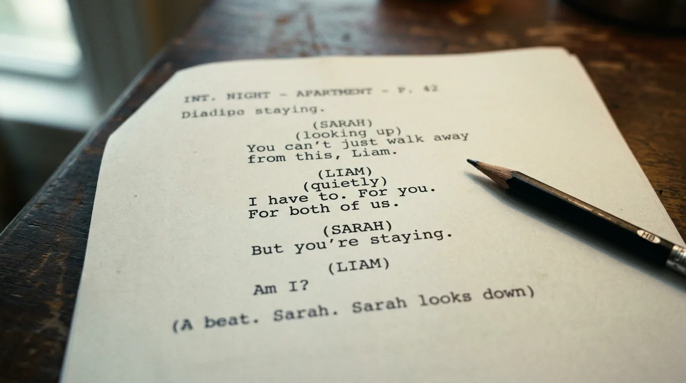 Dialogue lines on screenplay page; cinematic film still