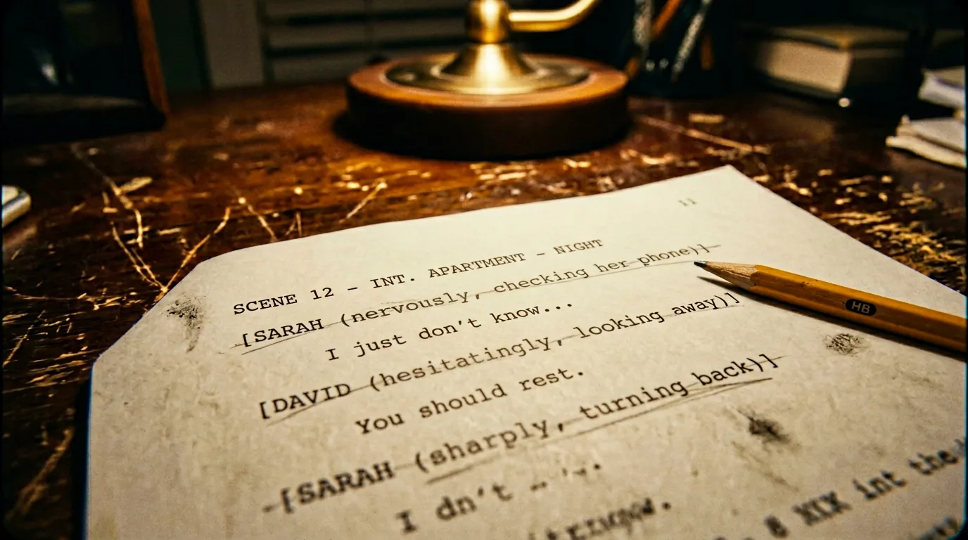 Cinematic 35mm film still: screenplay page with pencil marks, desk lamp