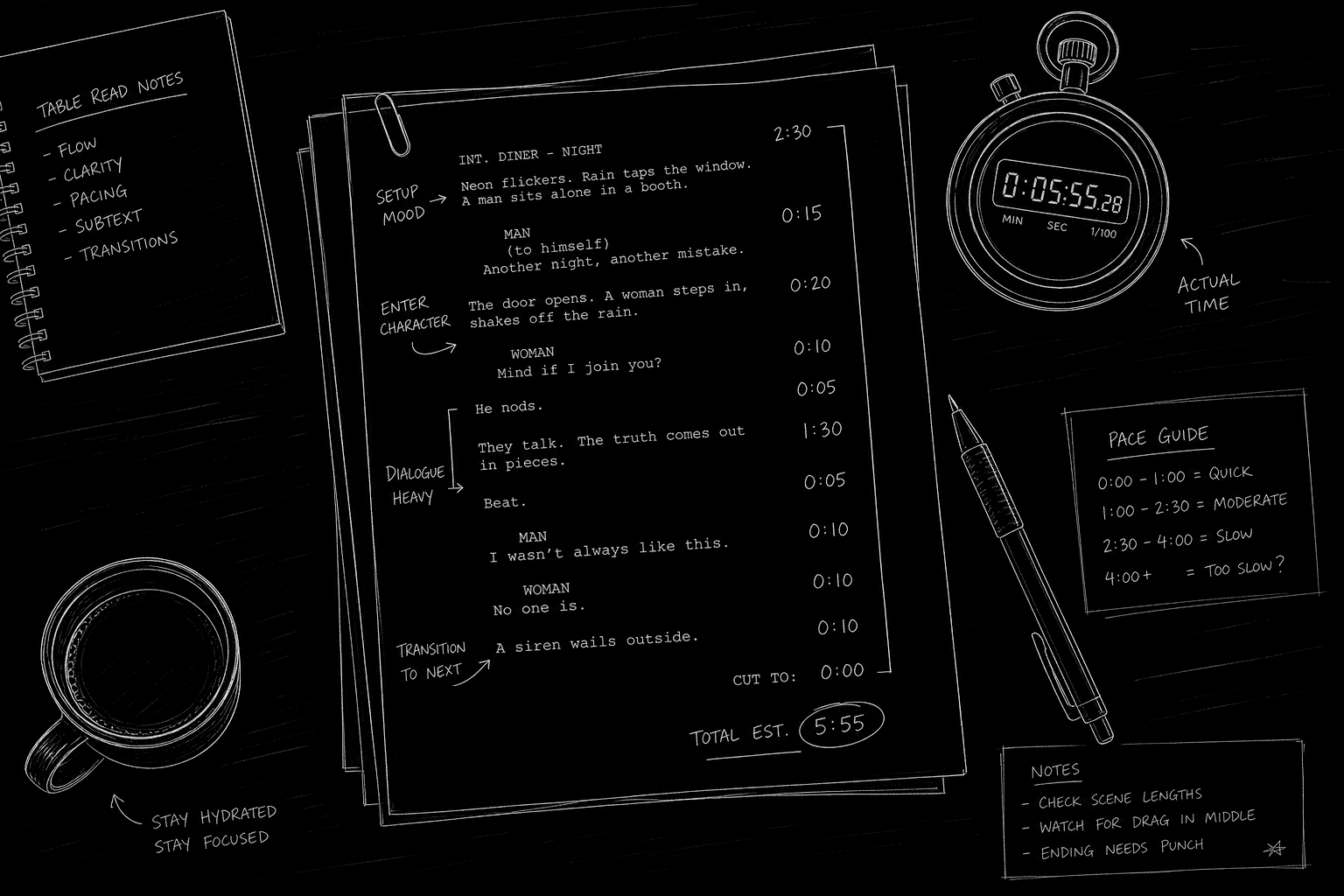 Dark mode technical sketch: writer with stopwatch at table read, script pages marked with marginal minute estimates, thin white lines on black