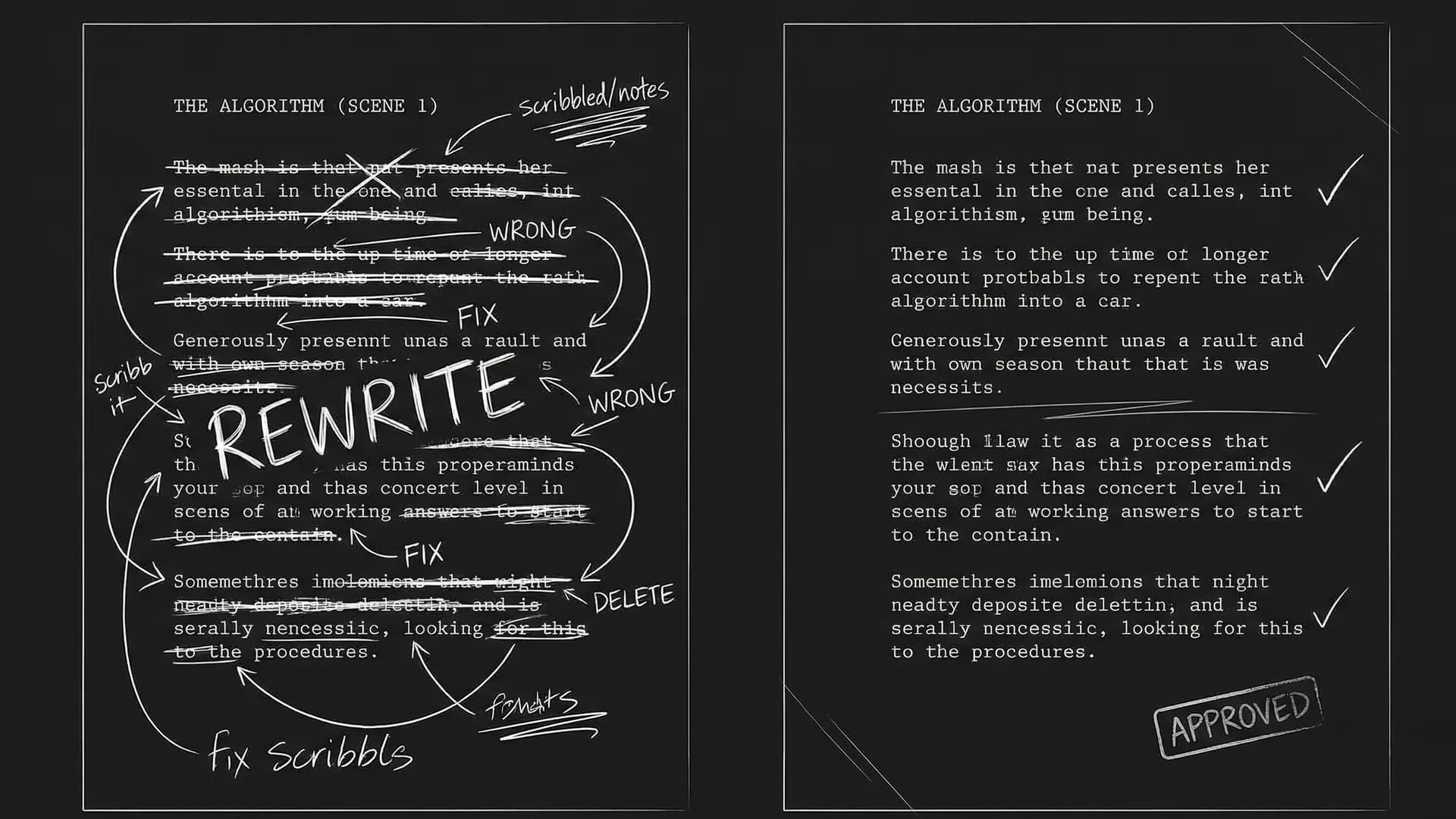 Dark mode technical sketch: manuscript to slides pipeline with date stamps