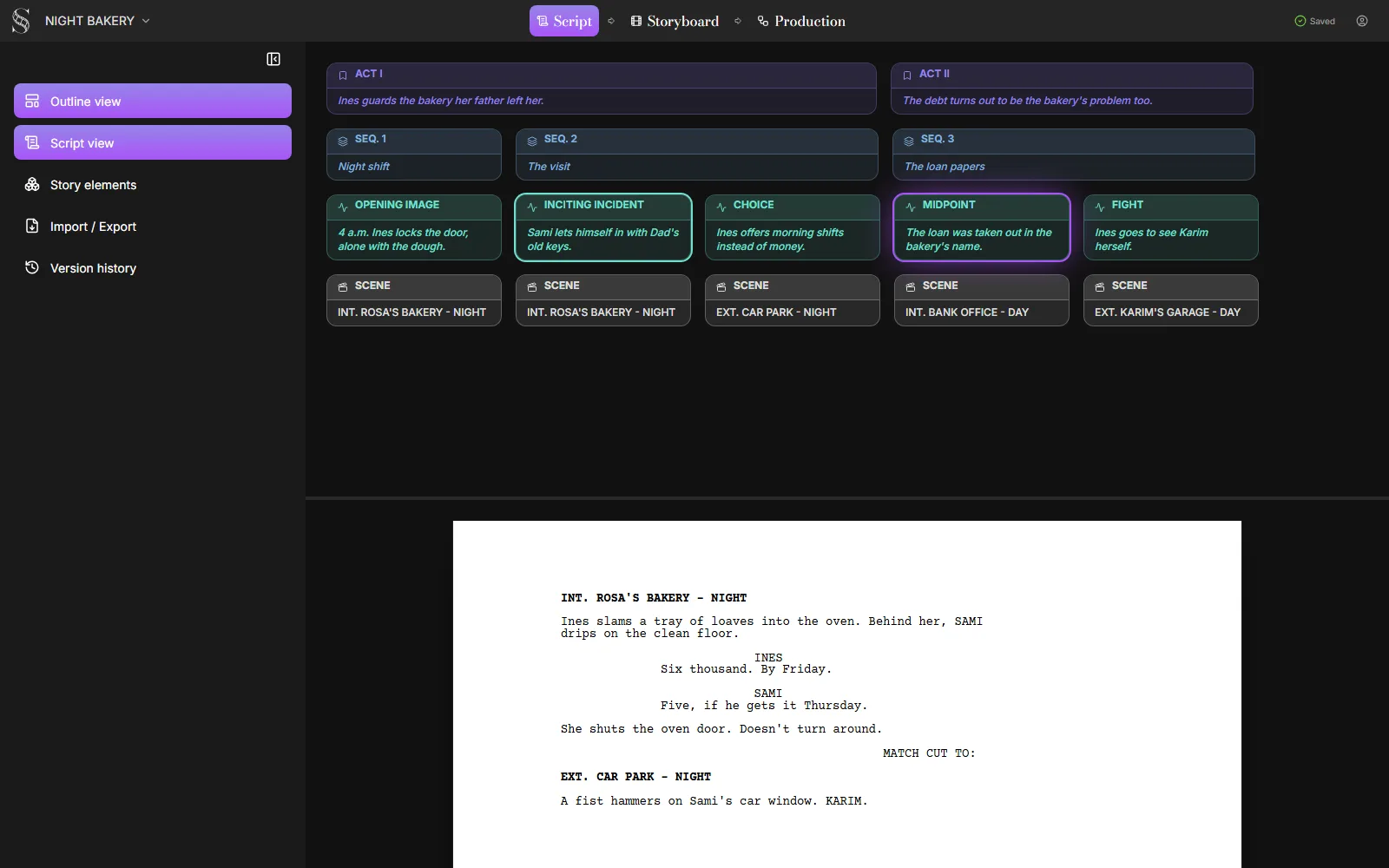 Rekonstruktion des Script-Tabs von ScreenWeaver für die Bäckereigeschichte, mit Akt-, Sequenz-, Story-Beat- und Szenenkarten in der Kartenansicht, hervorgehobenem Midpoint-Story-Beat und der überarbeiteten Bäckereiszene im Drehbucheditor darunter