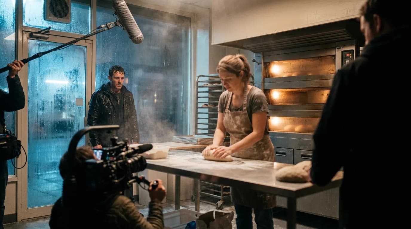 A small film crew shoots a scene inside a working bakery before dawn, an actress in a flour-dusted apron at a steel bench while a soaked actor waits in the doorway under a boom microphone, cinematic still