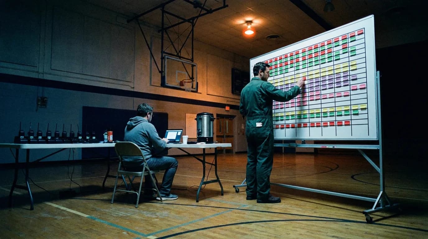 A first assistant director presses a red tab onto a rolling whiteboard covered in columns of red, green, yellow, purple and pink tabs inside a school gymnasium turned production office at night, while a producer checks a laptop at a folding table, cinematic still