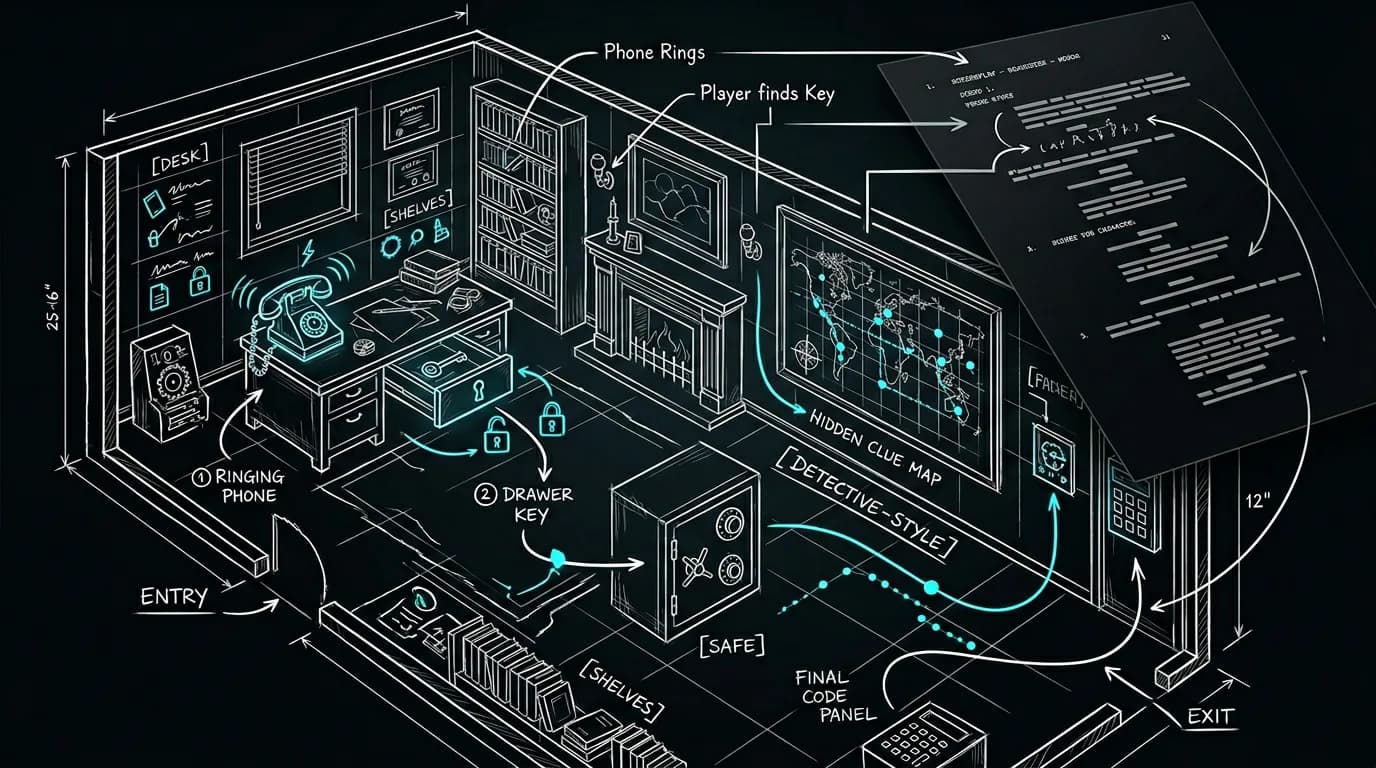 Dark mode technical sketch: escape room narrative design document with puzzle flow; thin white lines on black