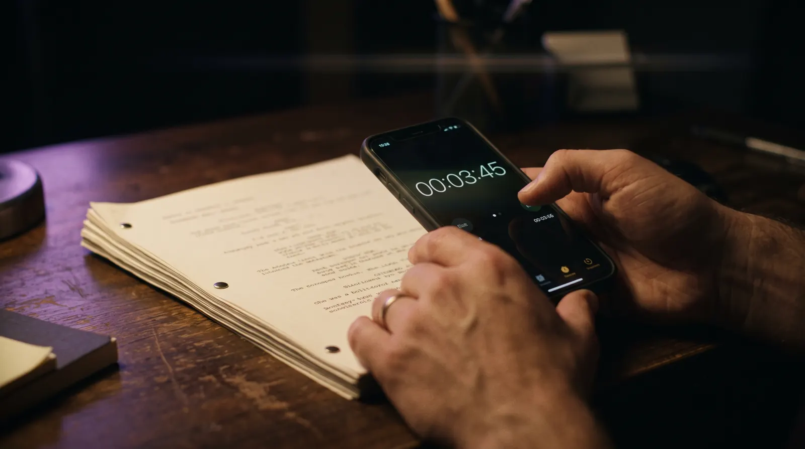 A screenwriter timing a scene aloud with a phone stopwatch next to script pages, cinematic still