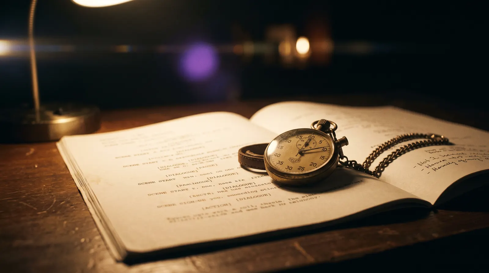 A stopwatch resting on an open screenplay under a desk lamp, cinematic still