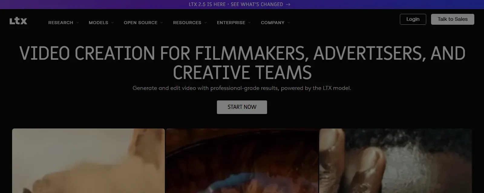 Startseite von LTX auf ltx.studio mit der Überschrift Video creation for filmmakers, advertisers, and creative teams, dem Satz Generate and edit video with professional-grade results powered by the LTX model und einem Banner zu LTX 2.5