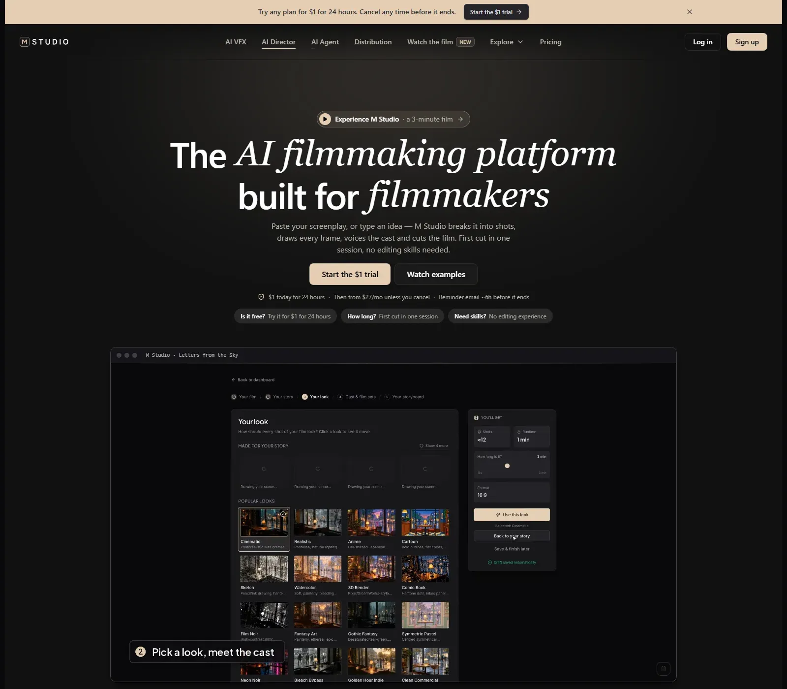 Startseite von M Studio auf mstudio.ai mit der Überschrift The AI filmmaking platform built for filmmakers, dem Versprechen, ein eingefügtes Drehbuch in Einstellungen zu zerlegen, jedes Bild zu zeichnen, die Besetzung zu vertonen und den Film zu schneiden, sowie einer App-Vorschau des Schritts Your look