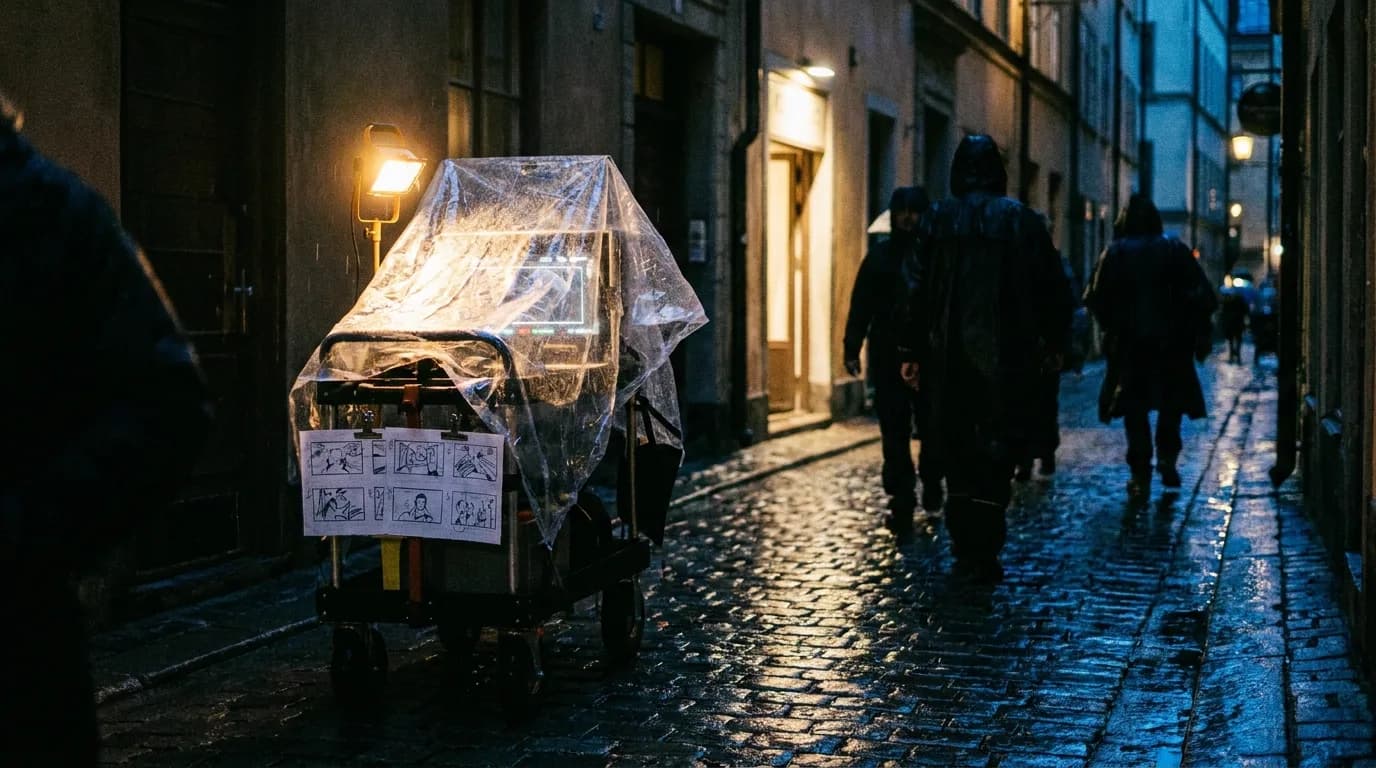 A director's monitor cart under a clear rain cover on a wet cobbled street at night, storyboard panels clipped to its side, crew in rain jackets walking toward a lit doorway, cinematic still