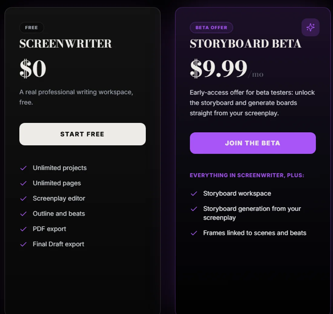 ScreenWeaver plan cards showing Screenwriter at $0 with unlimited projects and Final Draft export, next to Storyboard Beta at $9.99 a month with storyboard generation from your screenplay