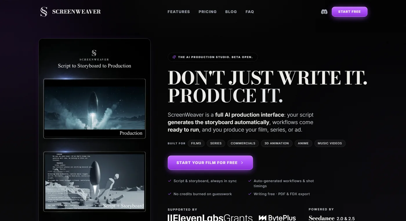 The ScreenWeaver homepage showing the SCREENWEAVER wordmark, the tagline Don't just write it. Produce it., and format tags for films, series, commercials, 3D animation, anime and music videos