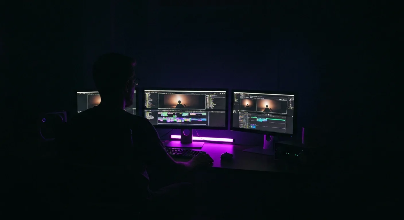 A filmmaker in a dark editing suite reviewing a 4K AI-generated shot against a screenplay timeline