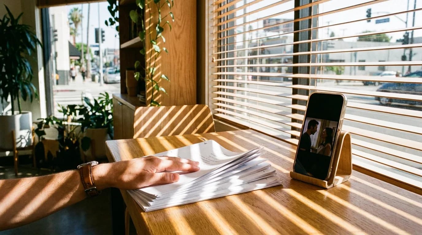 A sunlit coworking booth in Los Angeles in the afternoon, a fan of thin stapled scripts spread on the table, a smartphone in a stand playing a vertical drama clip, blinds casting stripes of light, a hand resting on one script, cinematic still