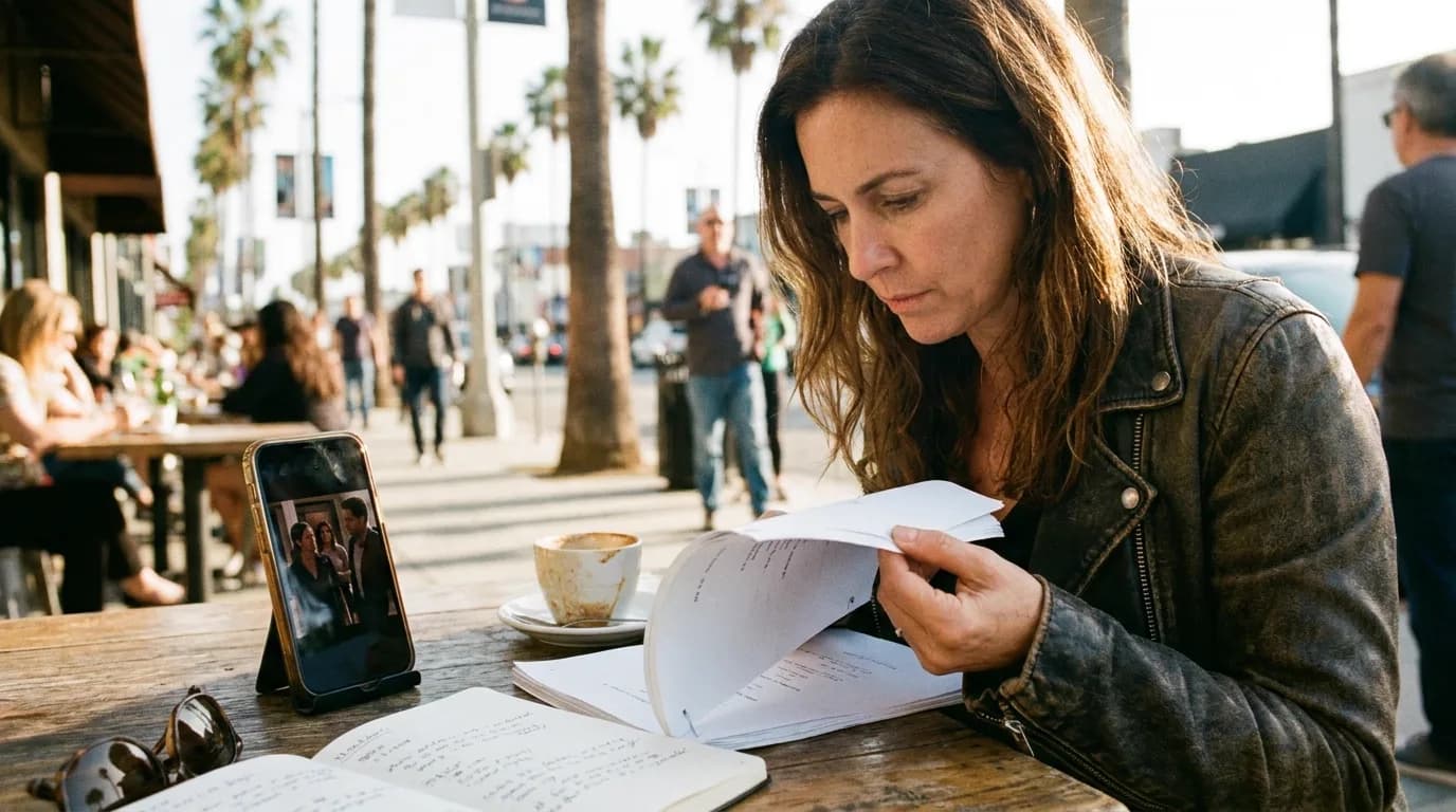 A producer in a leather jacket at a Los Angeles cafe table flipping through a thin stapled script, a smartphone in a stand playing a vertical drama clip beside an espresso cup and an open notebook, cinematic still