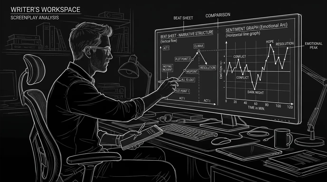 Prompt: Dark Mode Technical Sketch, writer comparing beat sheet to sentiment graph on screen, thin white lines on black --ar 16:9
