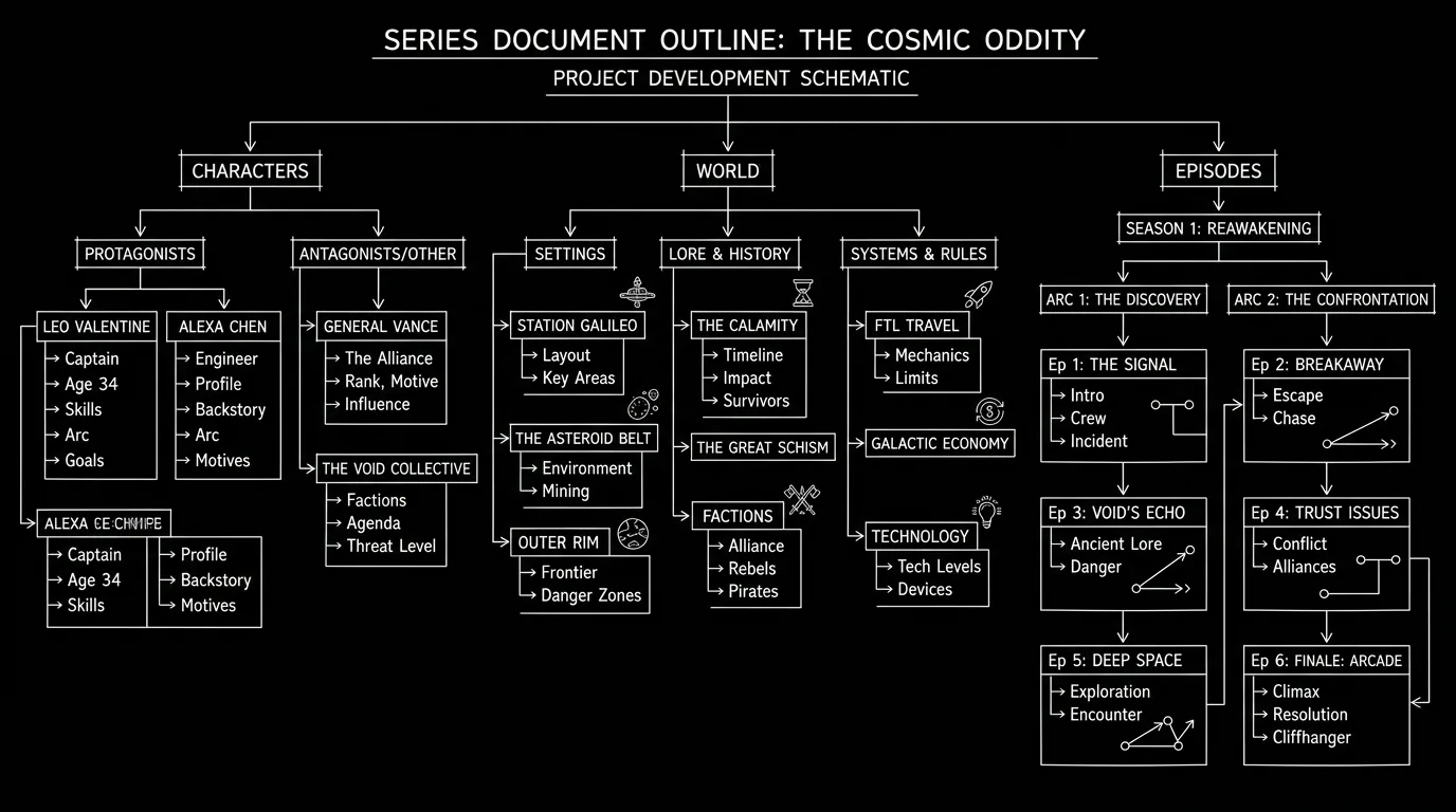 Dark mode technical sketch: document outline with characters, world, episodes; thin white lines on black