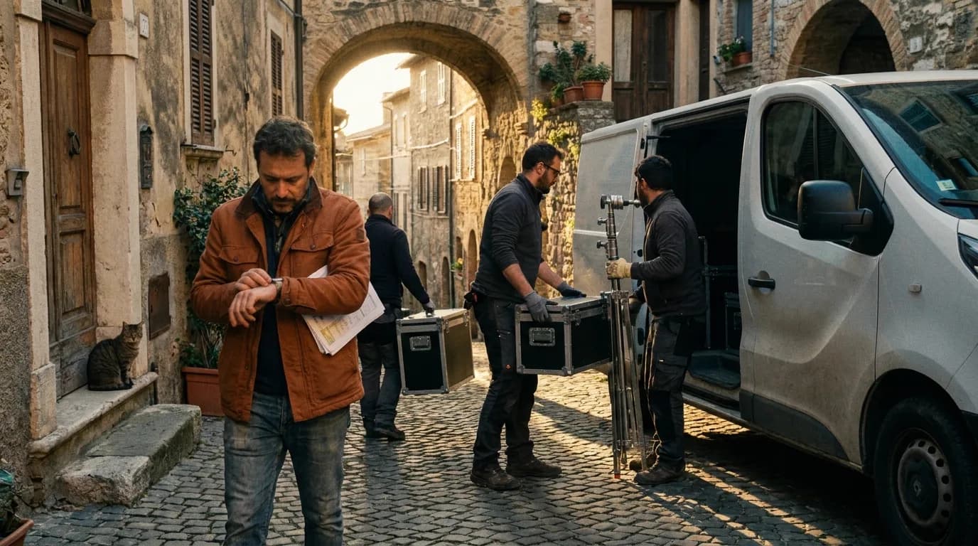 A first assistant director in a rust-coloured jacket checks his watch while three crew members carry lighting cases and a stand to a white van on a cobbled village street in low late-afternoon sun, cinematic still