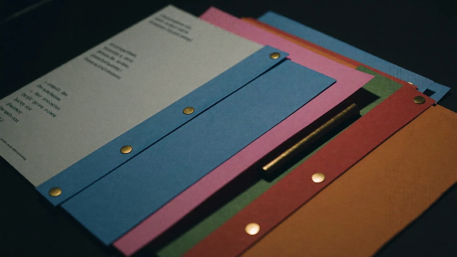 A fanned stack of screenplay pages in white, blue, pink, yellow, and green paper, cinematic still