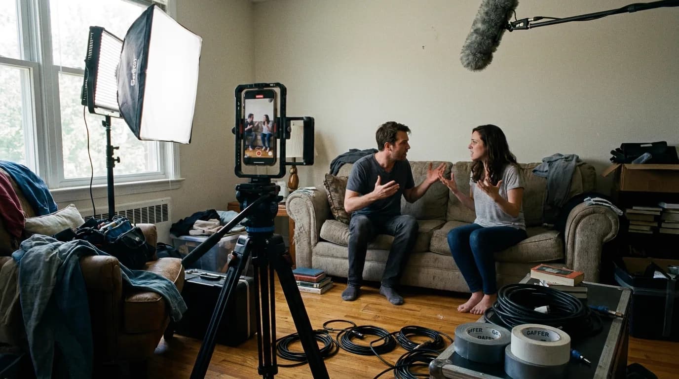 A cramped living room converted into a film set, a smartphone on a vertical cage rig, one LED panel with diffusion, two actors on a sofa mid-argument, a boom pole entering the top of frame, gaffer tape on the floor, cinematic still