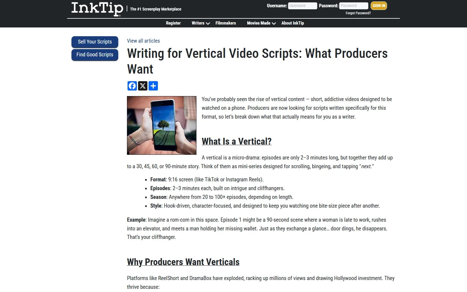 InkTip's article on writing vertical video scripts, what producers want, by Thomas Blakeley