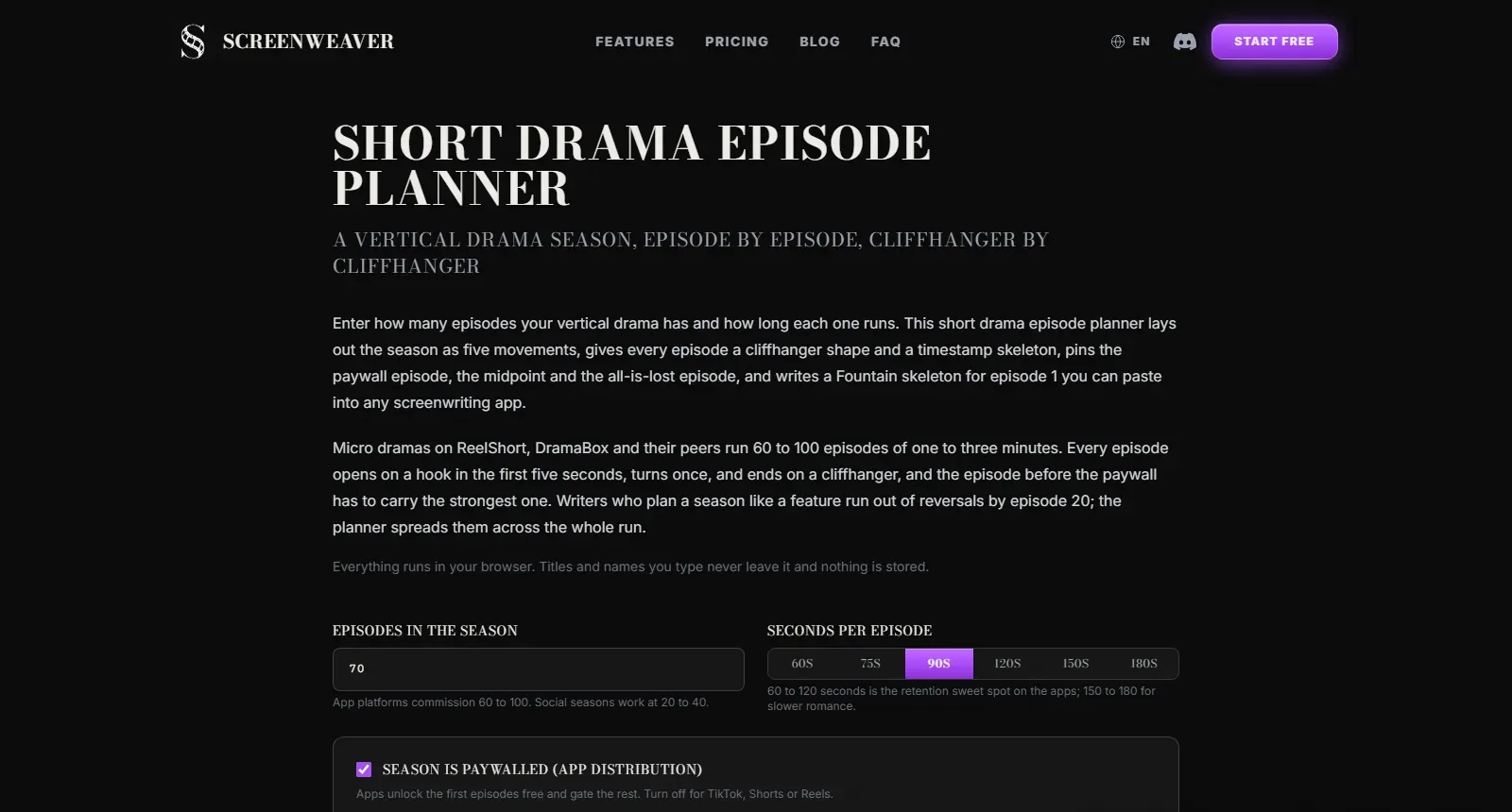 The ScreenWeaver short drama episode planner with the episode count, seconds per episode and paywall inputs