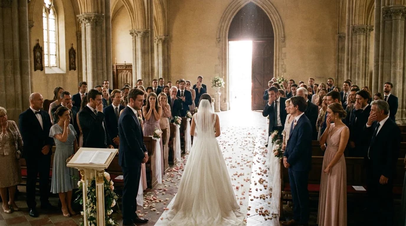 A grand wedding hall, the bride at the altar turning her back on the groom and walking toward the far doors, guests half-standing in shock, petals on the floor, backlit doorway, cinematic still