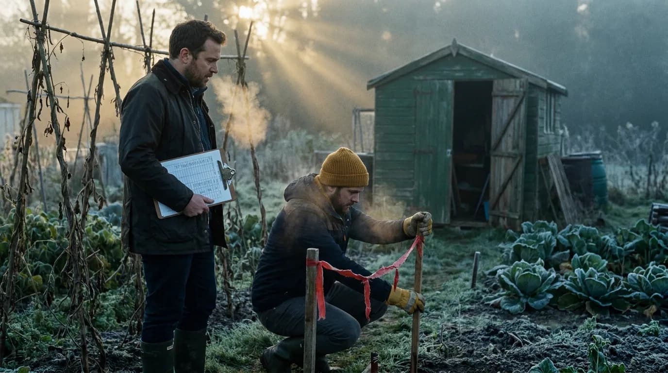 A director holding a clipboard shot list watches a first assistant director in a mustard beanie tie red ribbon between wooden stakes to mark a camera position in a frosty allotment garden at dawn, cinematic still