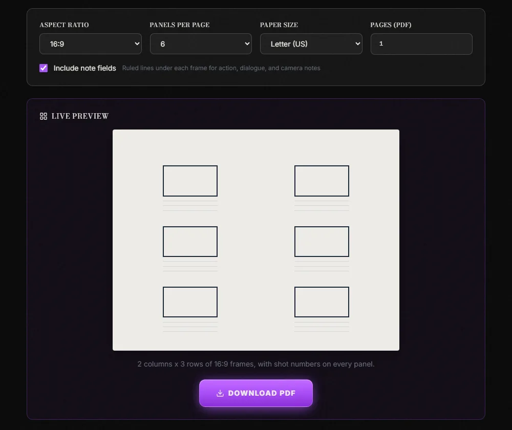 ScreenWeaver storyboard template generator page showing the live preview of a 16:9 storyboard sheet with numbered panels and the aspect ratio, panels per page and paper size controls