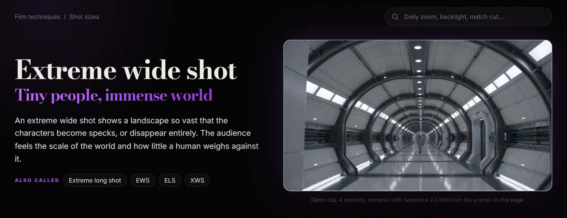 ScreenWeaver film techniques page for the extreme wide shot, headed "Tiny people, immense world", with a demo clip of a lone figure walking down a long curved space station corridor lined with ceiling lights, and the labels extreme long shot, EWS, ELS and XWS