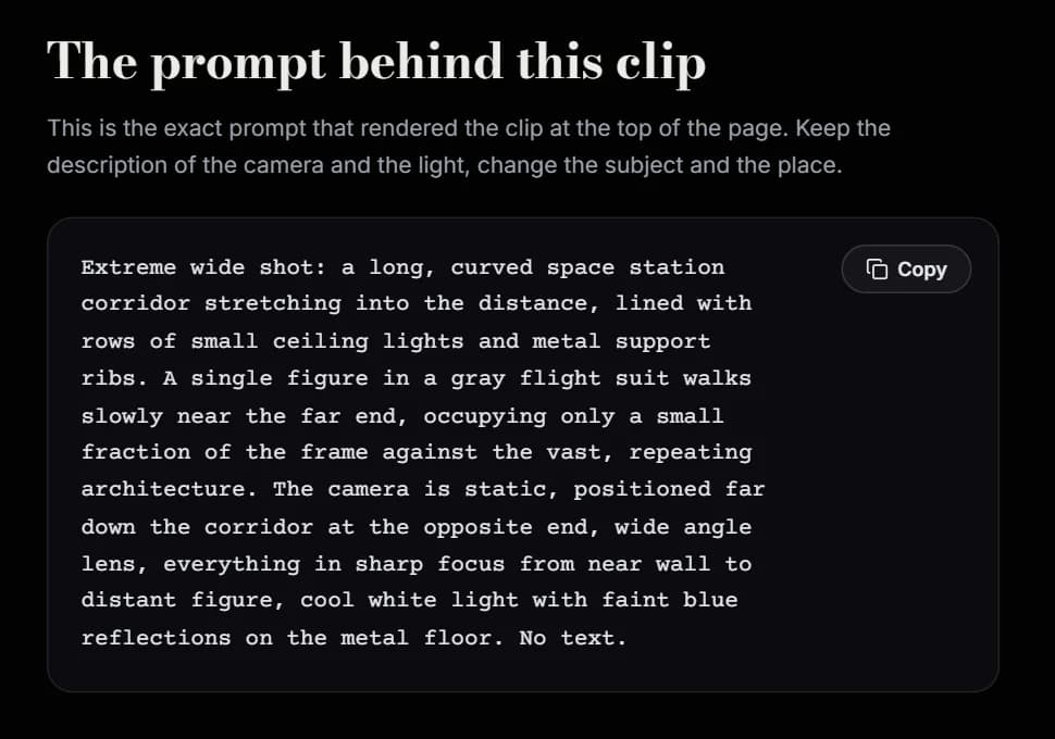 The prompt behind the extreme wide shot demo clip, describing a long curved space station corridor, a single figure in a gray flight suit occupying only a small fraction of the frame, a static camera far down the corridor, a wide angle lens and cool white light
