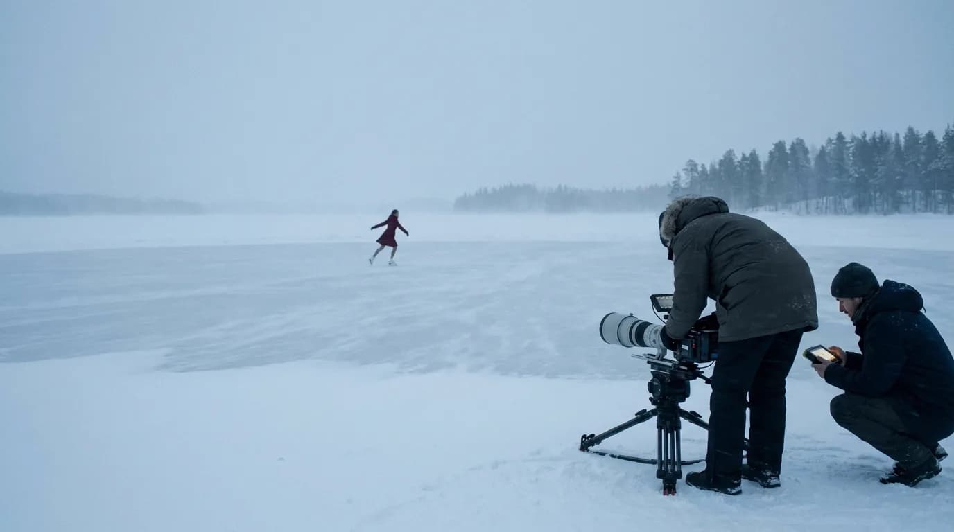 A camera operator in a heavy parka framing a lone figure skater far out on a vast frozen lake through a long telephoto lens, a focus puller crouched beside her with a small monitor, cinematic still